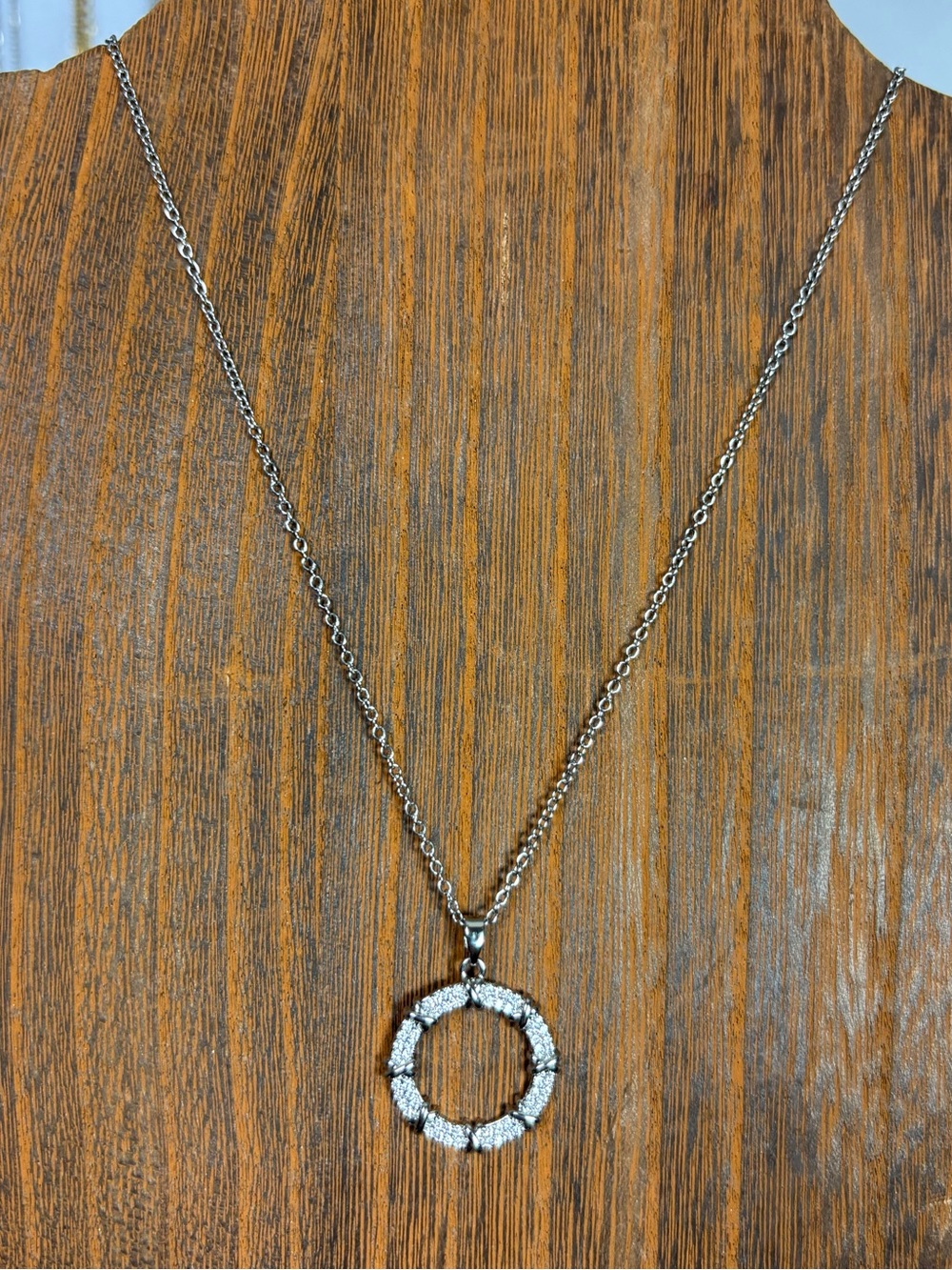 Silver Circle Pendant Necklace with Clear Stones - Women Jewelry